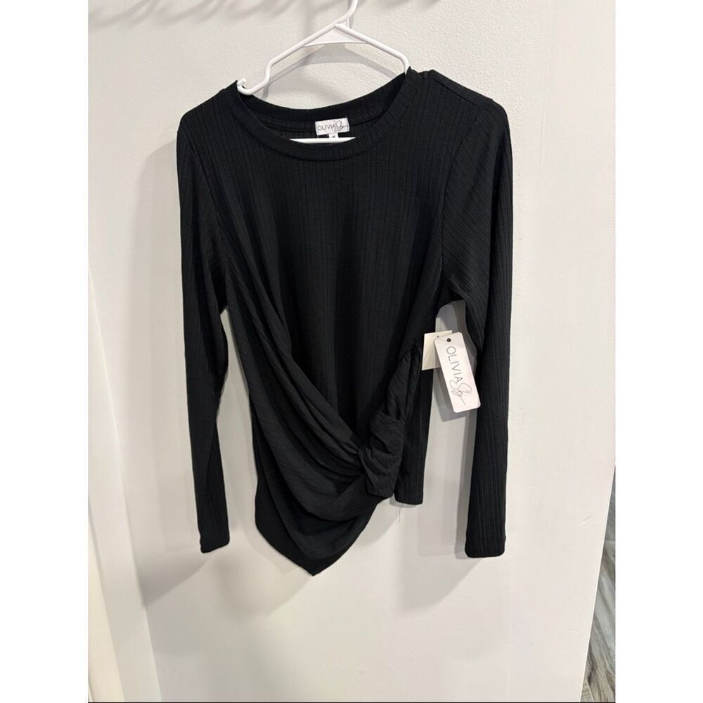 Olivia Sky Black Twist-Front Ribbed Long Sleeve Top
